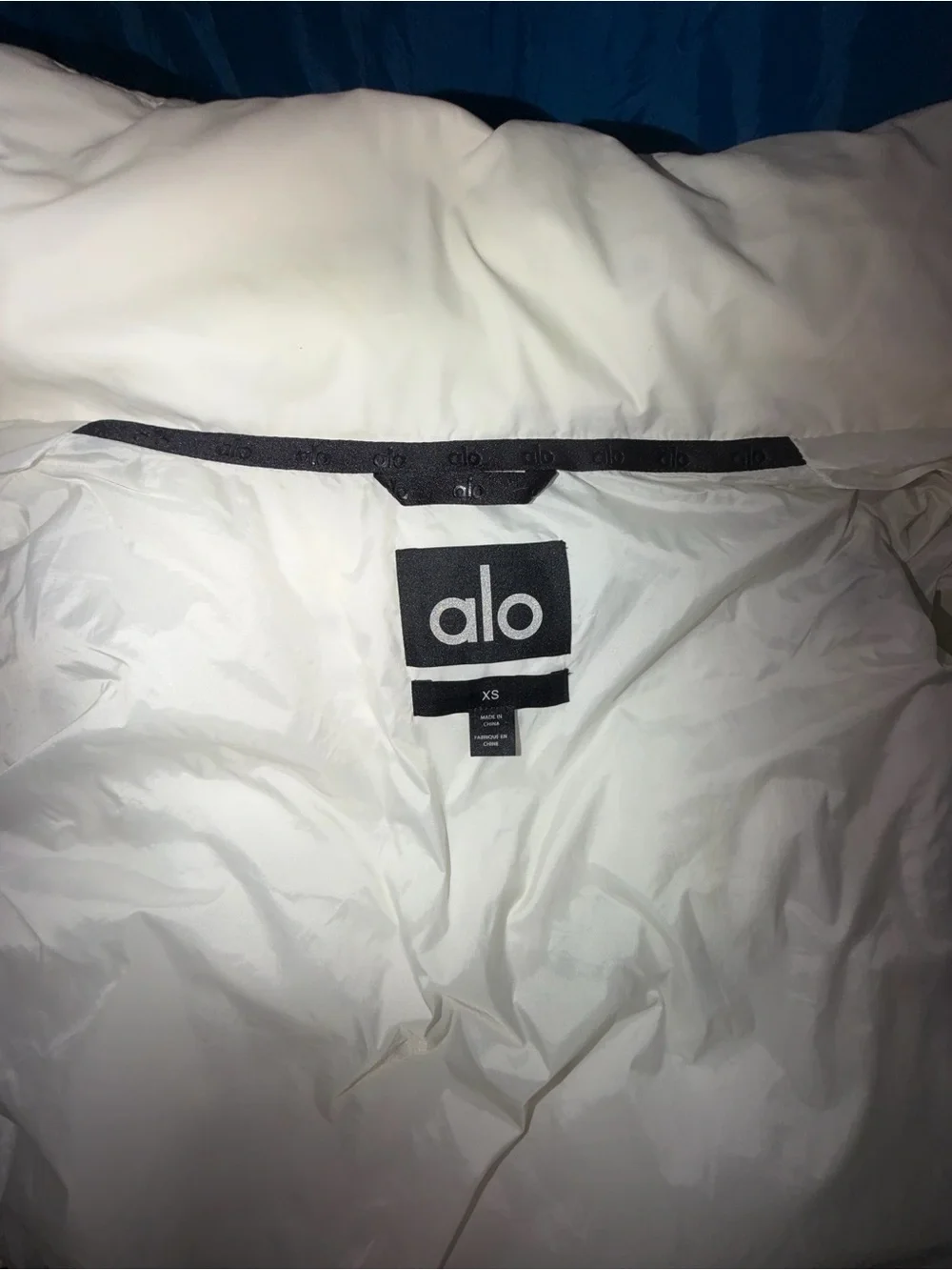 ALO Yoga White Puffer Jacket with Black Label